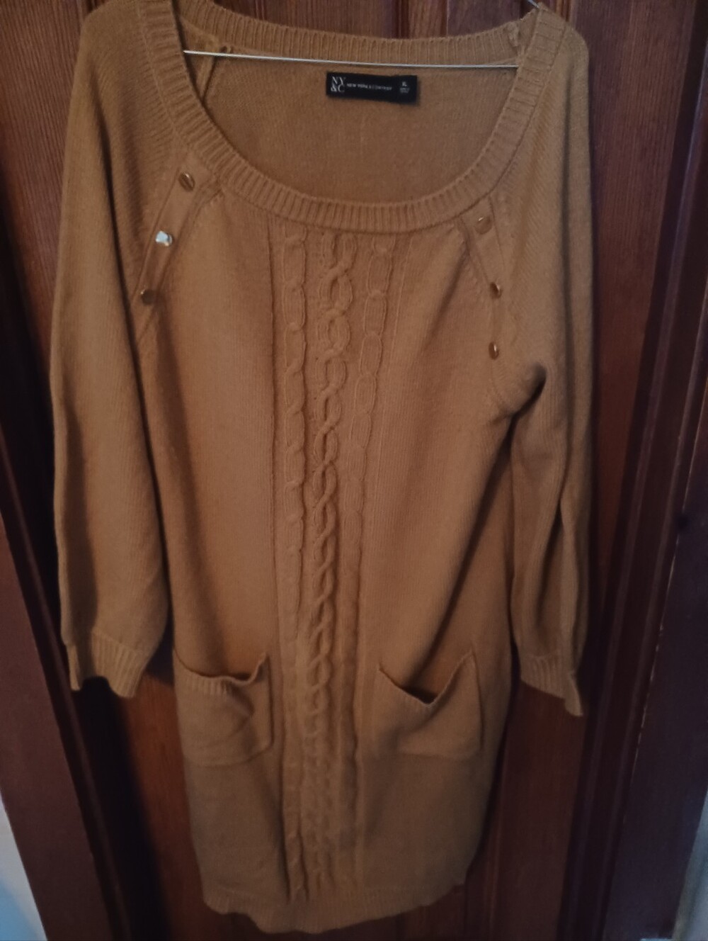 New York & Company Camel Cable-Knit Pocket Sweater Dress with Scoop Neck